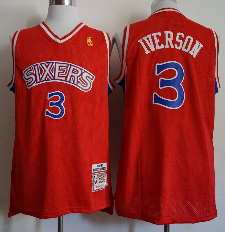 Men Philadelphia 76ers 3 Iverson Red Throwback Elite Nike NBA Jerseys